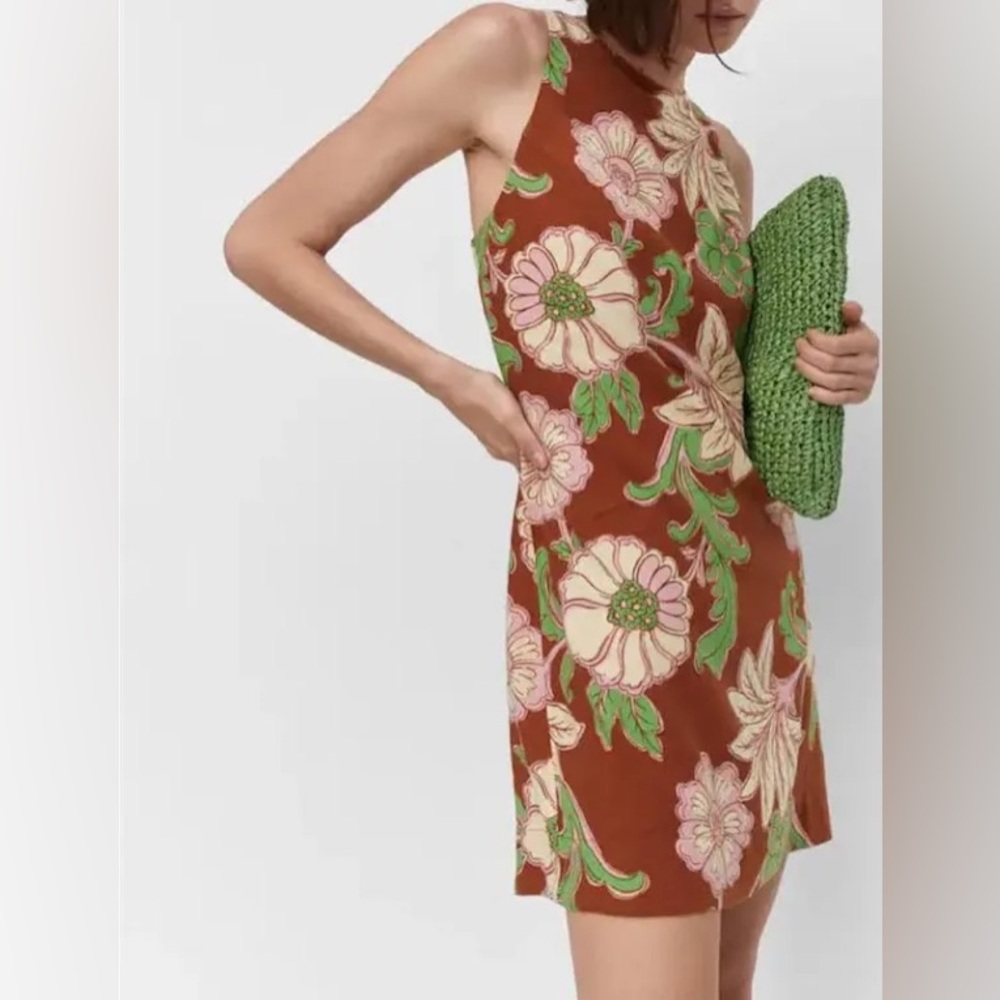 Mango “noemi” floral linen mini shift dress with open back